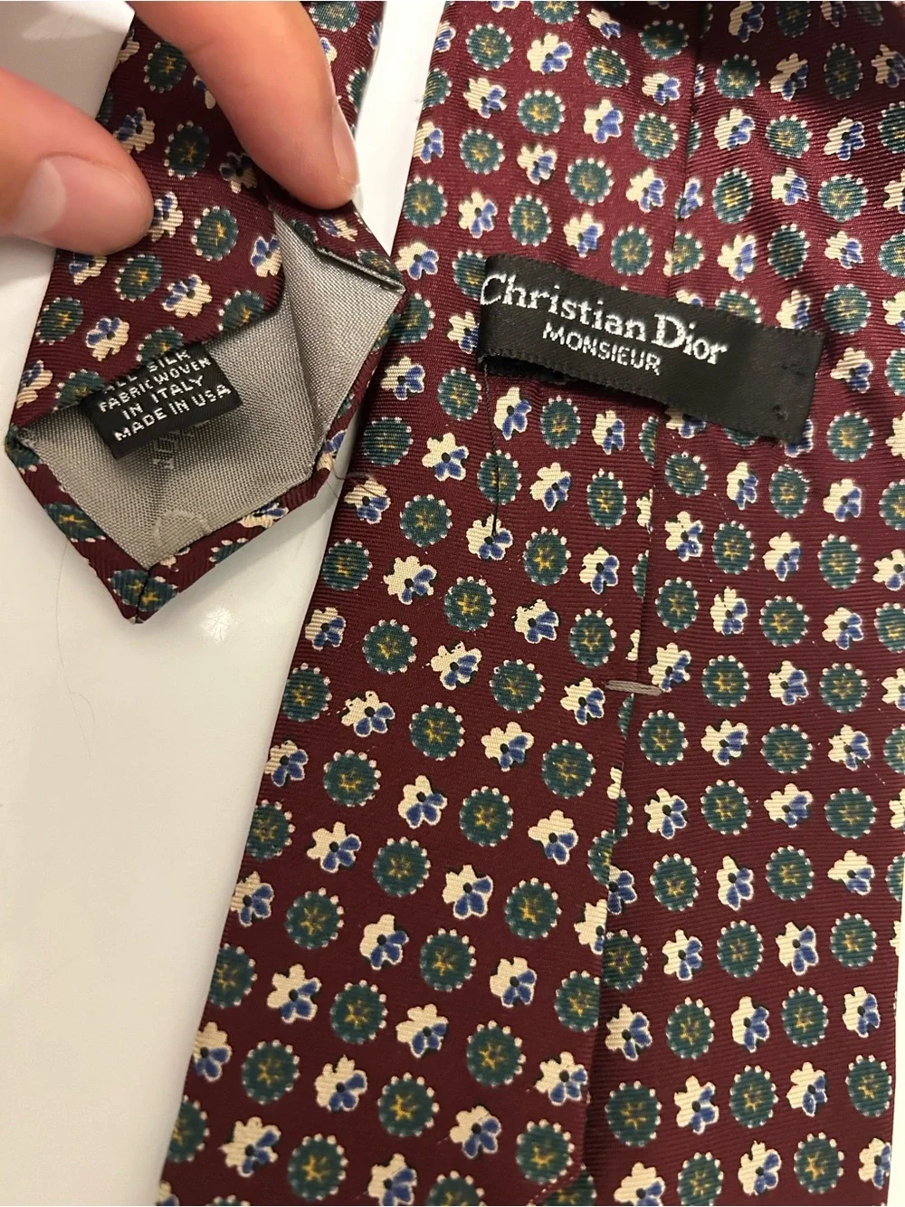 Christian Dior Burgundy Tie with Blue and Cream Medallions
